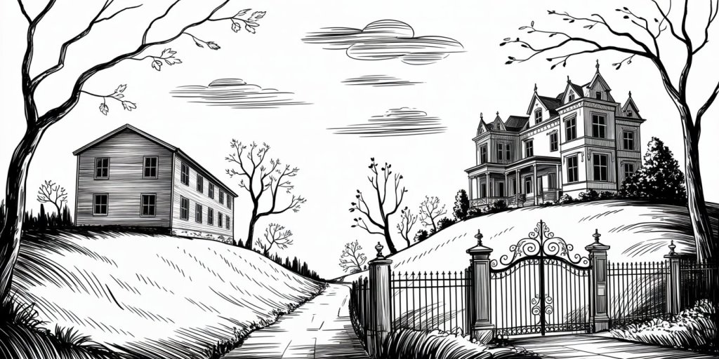 Black and white drawing of two hills separated by a road. On top of the left hill is a gaunt two-story wooden building with rows of plain windows. On top of the right hill is a beautiful Victorian-era mansion with turrets and porches, and perfectly landscaped trees and shrubs, surrounded by an iron fence with an ornately scrolled iron gate. 