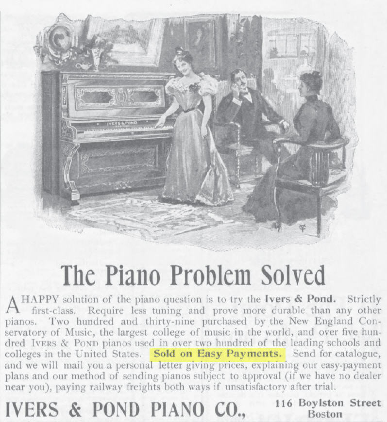 Newspaper ad showing a young woman and her parents in a parlor with an upright piano. The headline reads "The Piano Problem Solved" and "Sold on Easy Payments."