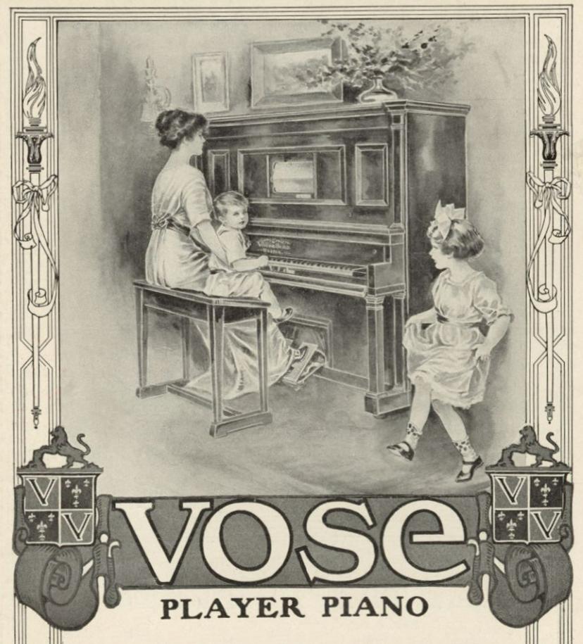 Illustration of a woman seated in front of a player piano with her feet on the pedals. Seated beside her is a young child. A little girl dances beside the piano.