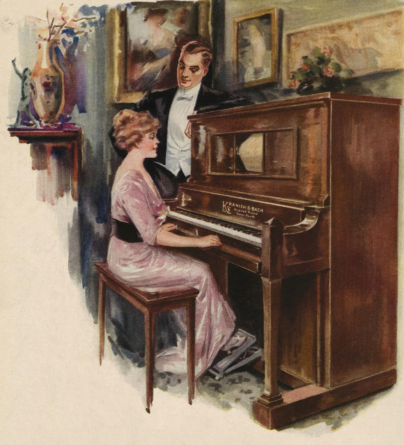 Illustration of a young woman seated at a player piano, with her feet resting on the pedal. A young man stands beside the piano, looking down at the young woman. 