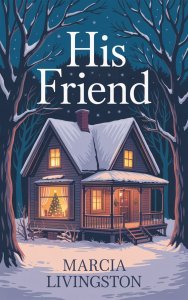 Book cover showing a small Victorian-era cottage nestled in a quiet, snowy landscape at night. Through a downstairs window can be seen a Christmas tree. In all the windows shines a warm, golden light, contrasting with the dark, cold surroundings. 