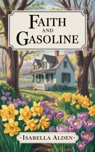 Book cover showing a lovely white cottage with green window shutters and trim. Across the front is a charming porch with a white railing. The cottage is nestled among mature trees and rolling hills. In the foreground is a garden of yellow daffodils and purple crocus. At the top, the title "Faith and Gasoline" is surrounded by a classic border. 