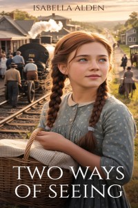 Book cover showing a young girl standing outside in front of a busy railroad station. Her chestnut hair is worn in two braids. Her simple dress is calico and in her hands she carries a large basket with a neatly folded napkin on top.
