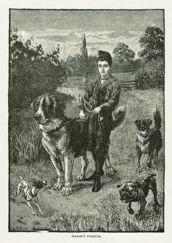 Black and white illustration of a boy wearing a sailor style top, breaches, and ankle boots, holding a large dog by the leash as they walk through a field, while three small dogs cavort around them.
