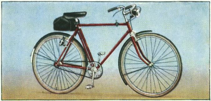 Illustration of a red men's bicycle with hand brake and a small black pouch attached behind the seat