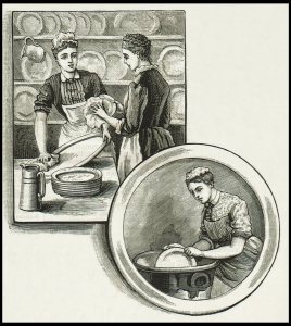 Two pencil and charcoal illustrations showing women at work in a late 1800s kitchen. In one, two young women wearing aprons wipe plates and platters at a wooden table while behind them can be seen shelves with plates and platters arranged by size. In the second, a young woman wears an apron and capt to protect her hair as she washes plates by hand in a large tub.
